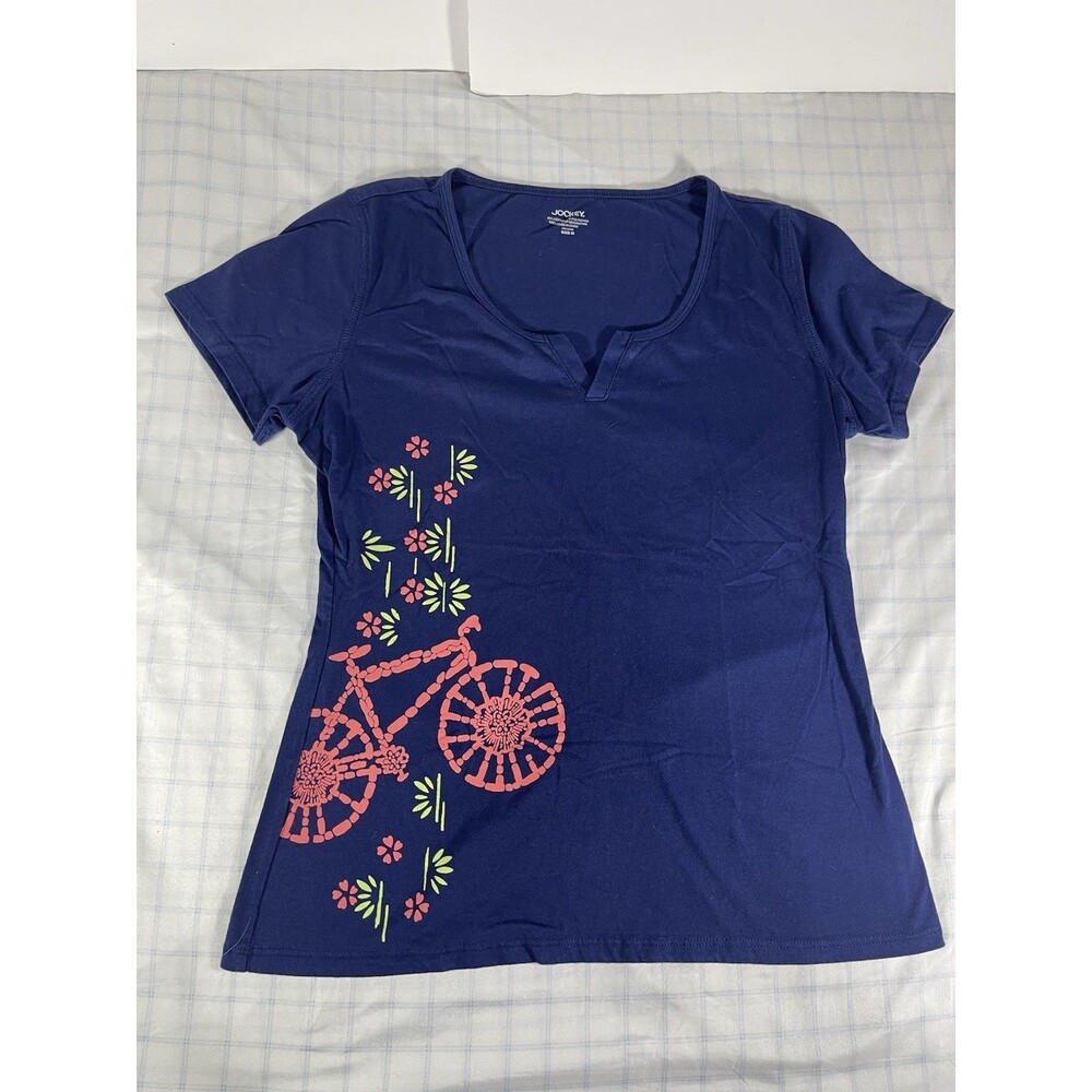Jockey Women's Medium Blue T-Shirt Bicycle Floral Graphic Notch Neck Size M